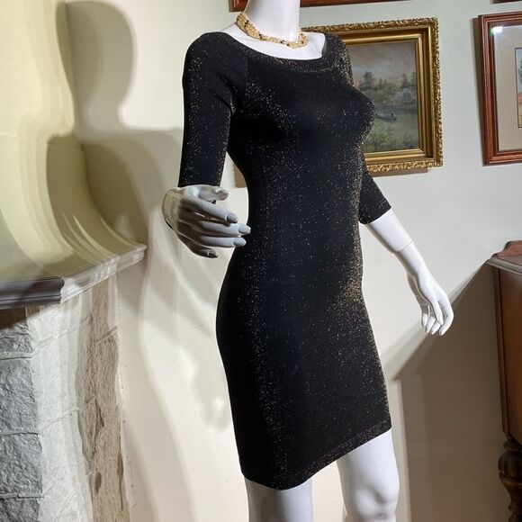 Bebe Stretch Metallic Black & Gold Bodycon Mini Dress 3/4 Sleeves - Picture 5 of 10